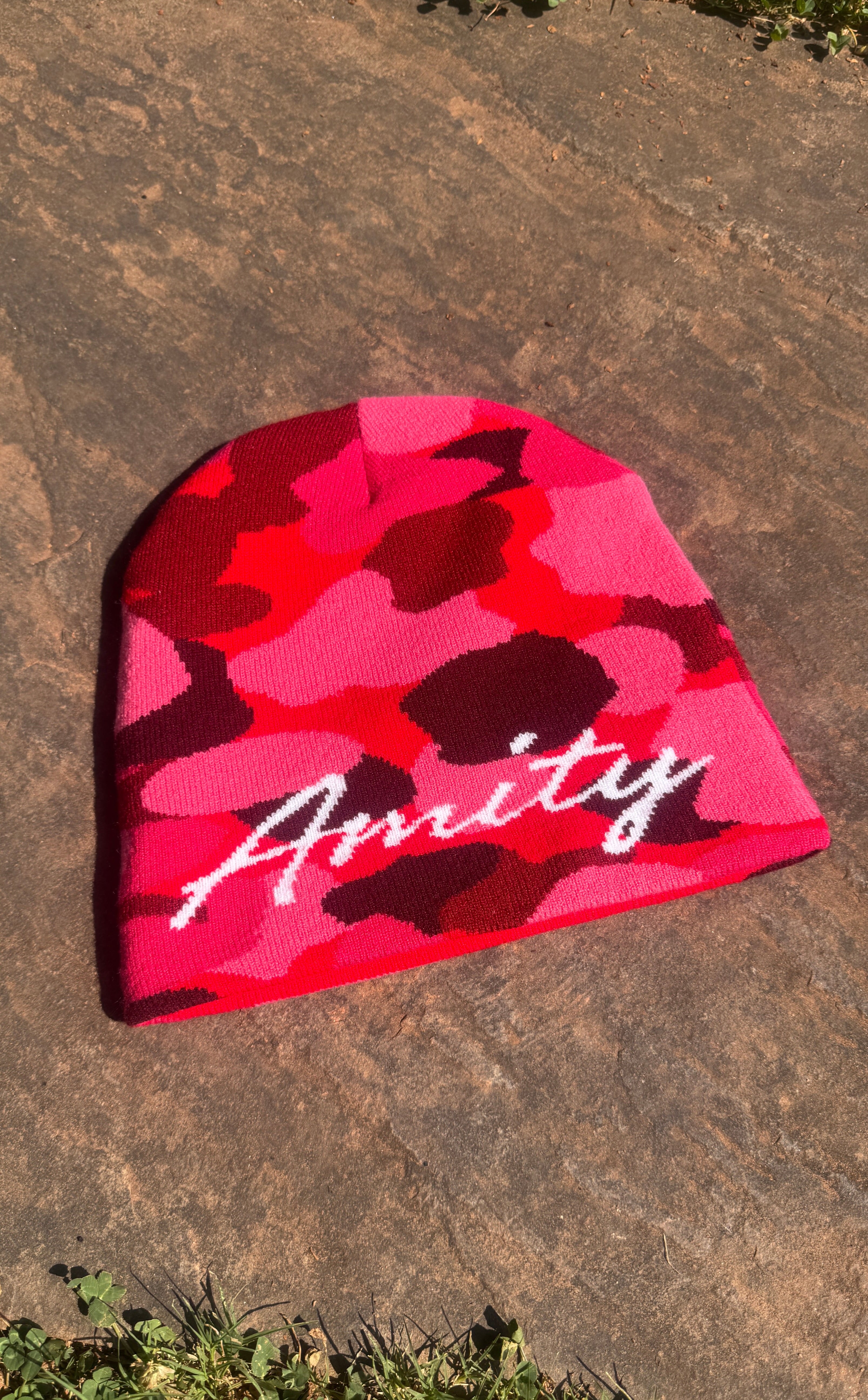 AMITY Cursive “Scarlet Camo” Beanie